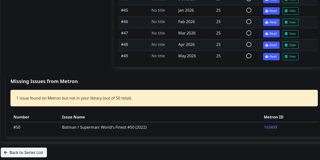 Image of the missing issues on the Series Detail view