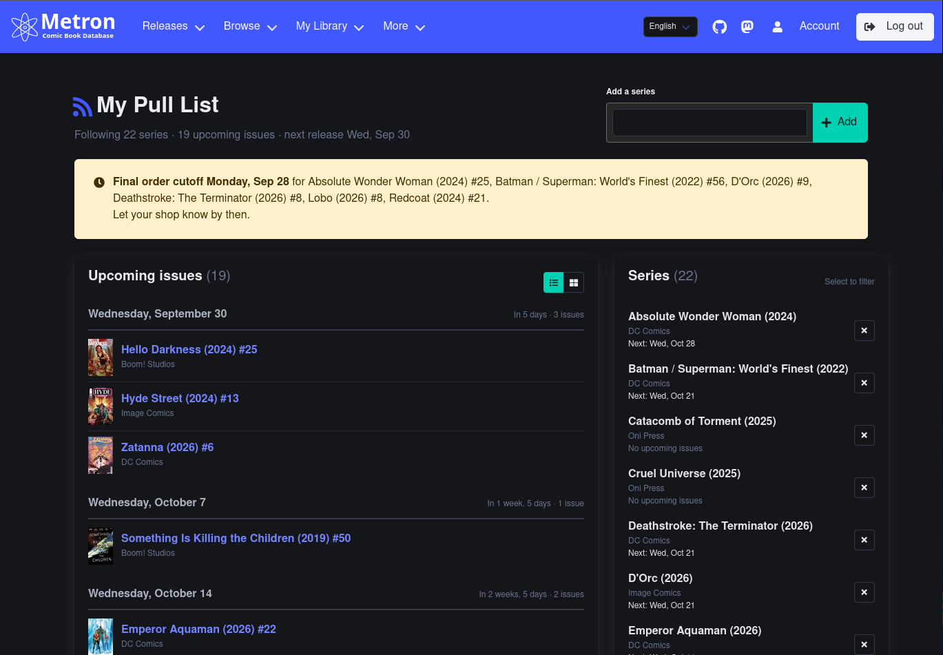 Redesigned Pull List Redesigned pull list page, showing a final order cutoff warning, upcoming issues grouped by release day, and the series sidebar
