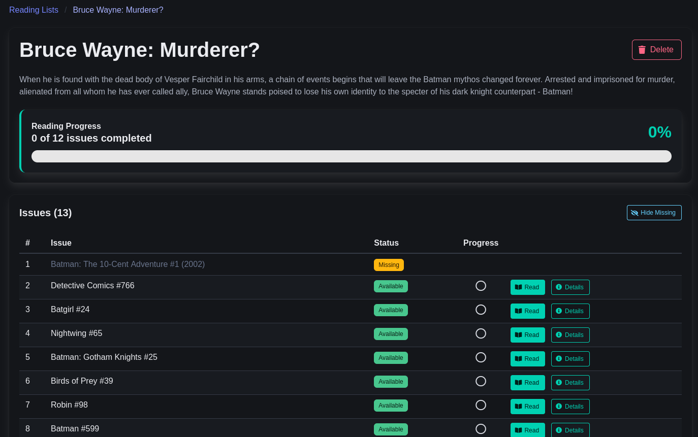 Screenshot of a Reading List